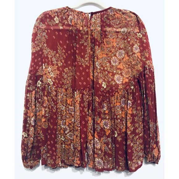 Asos Womens Size 2 Red Oversized Peasant Blouse Floral Ruffle Hem Boho - Picture 3 of 5